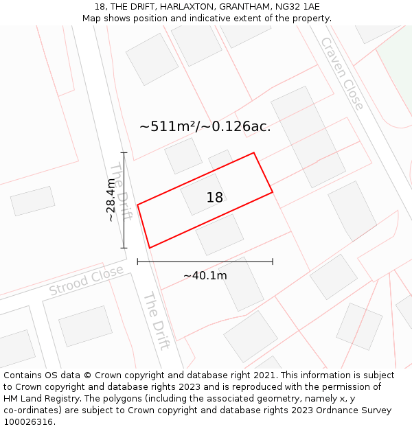 18, THE DRIFT, HARLAXTON, GRANTHAM, NG32 1AE: Plot and title map