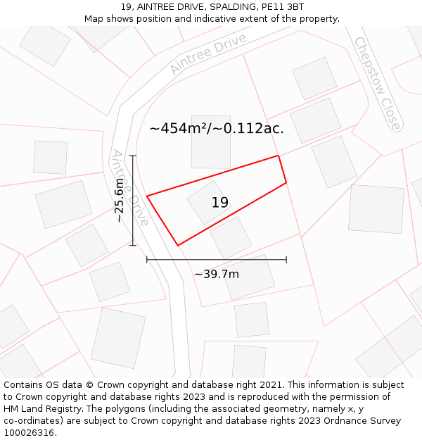 19, AINTREE DRIVE, SPALDING, PE11 3BT: Plot and title map