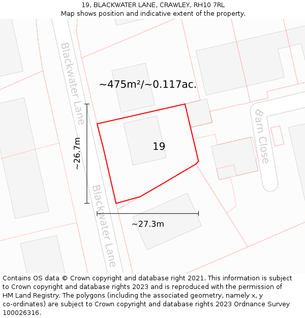 19, BLACKWATER LANE, CRAWLEY, RH10 7RL: Plot and title map