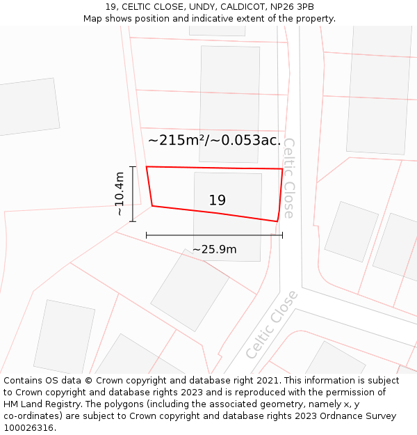 19, CELTIC CLOSE, UNDY, CALDICOT, NP26 3PB: Plot and title map