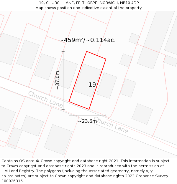 19, CHURCH LANE, FELTHORPE, NORWICH, NR10 4DP: Plot and title map