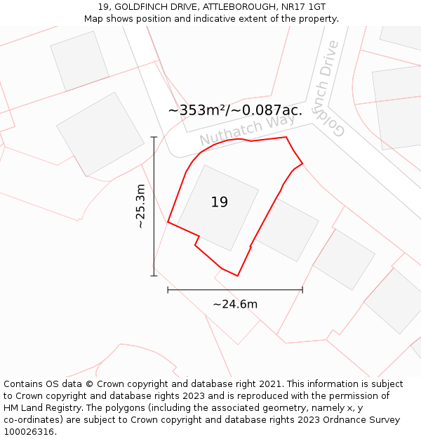 19, GOLDFINCH DRIVE, ATTLEBOROUGH, NR17 1GT: Plot and title map