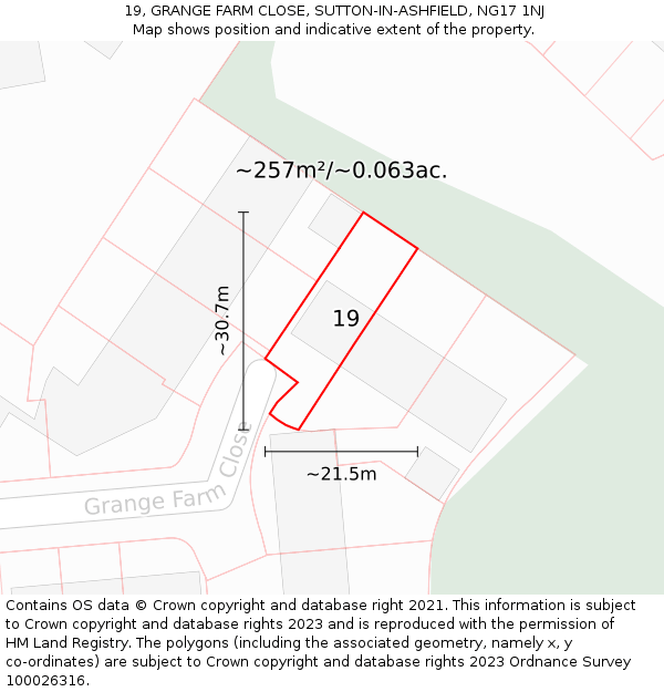 19, GRANGE FARM CLOSE, SUTTON-IN-ASHFIELD, NG17 1NJ: Plot and title map