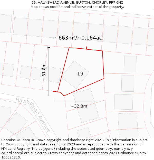 19, HAWKSHEAD AVENUE, EUXTON, CHORLEY, PR7 6NZ: Plot and title map