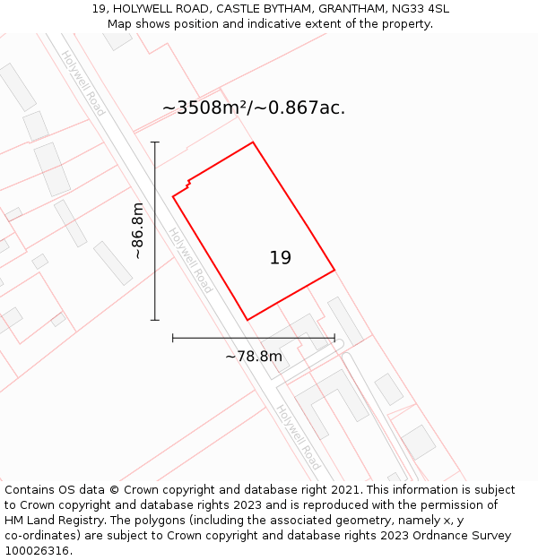 19, HOLYWELL ROAD, CASTLE BYTHAM, GRANTHAM, NG33 4SL: Plot and title map