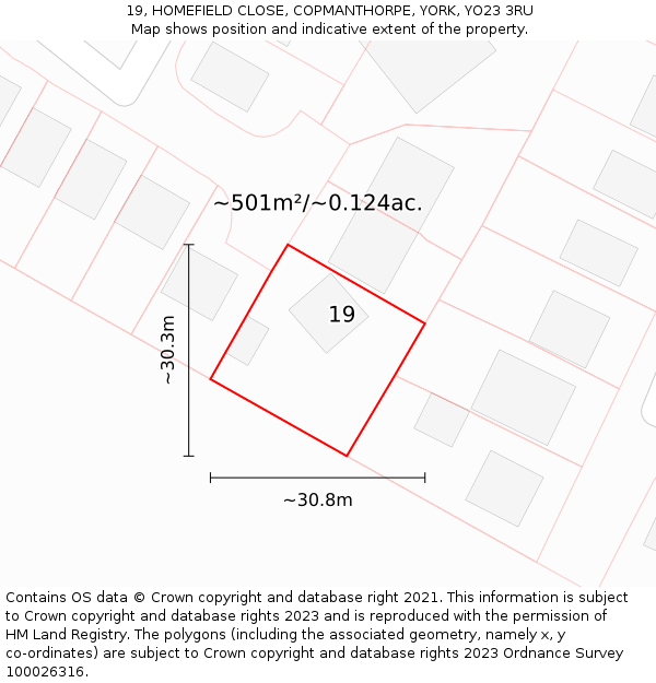 19, HOMEFIELD CLOSE, COPMANTHORPE, YORK, YO23 3RU: Plot and title map