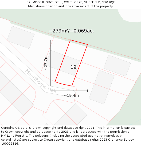 19, MOORTHORPE DELL, OWLTHORPE, SHEFFIELD, S20 6QF: Plot and title map