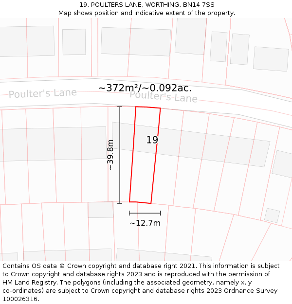 19, POULTERS LANE, WORTHING, BN14 7SS: Plot and title map