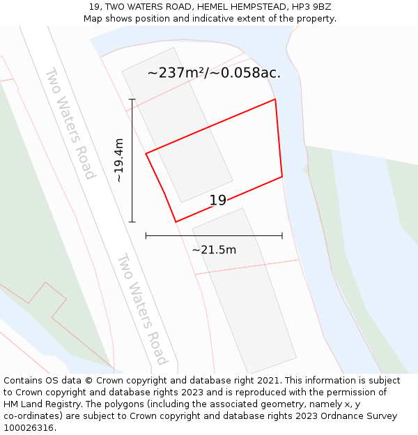 19, TWO WATERS ROAD, HEMEL HEMPSTEAD, HP3 9BZ: Plot and title map