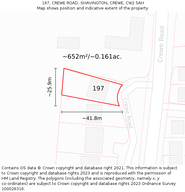 197, CREWE ROAD, SHAVINGTON, CREWE, CW2 5AH: Plot and title map