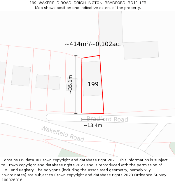 199, WAKEFIELD ROAD, DRIGHLINGTON, BRADFORD, BD11 1EB: Plot and title map