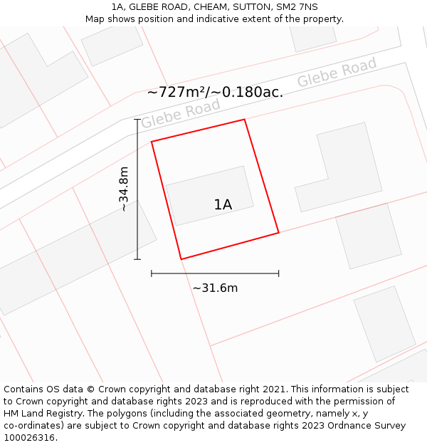 1A, GLEBE ROAD, CHEAM, SUTTON, SM2 7NS: Plot and title map