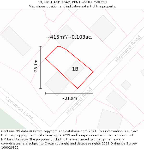 1B, HIGHLAND ROAD, KENILWORTH, CV8 2EU: Plot and title map