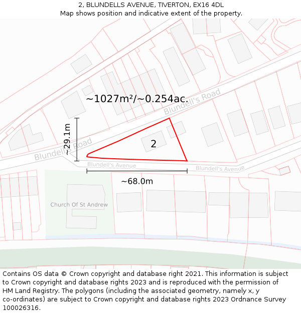 2, BLUNDELLS AVENUE, TIVERTON, EX16 4DL: Plot and title map