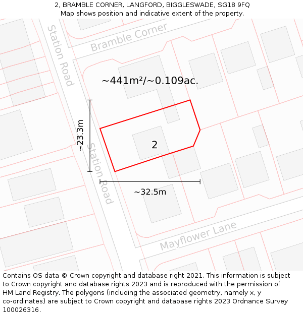 2, BRAMBLE CORNER, LANGFORD, BIGGLESWADE, SG18 9FQ: Plot and title map