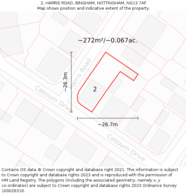 2, HARRIS ROAD, BINGHAM, NOTTINGHAM, NG13 7AF: Plot and title map