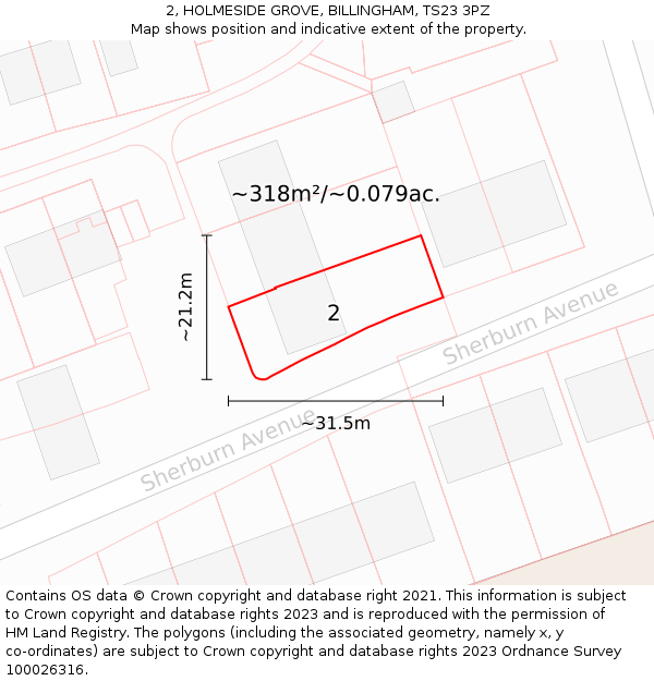 2, HOLMESIDE GROVE, BILLINGHAM, TS23 3PZ: Plot and title map