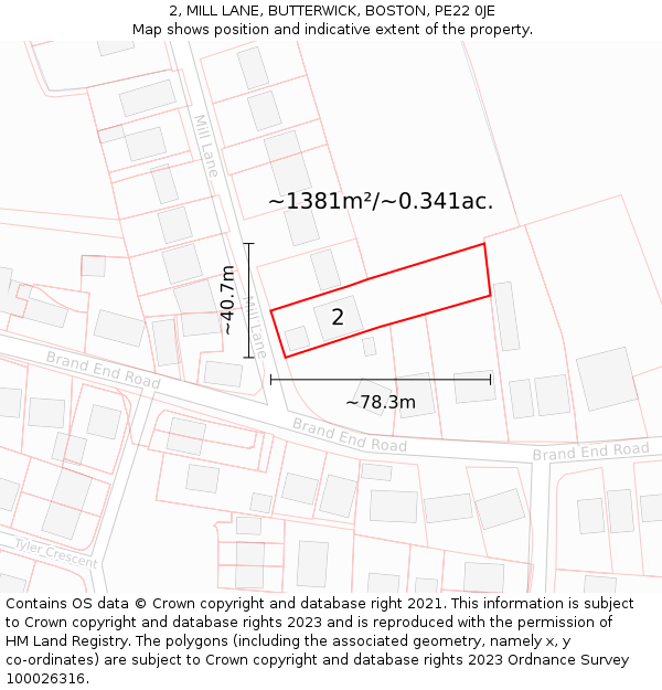 2, MILL LANE, BUTTERWICK, BOSTON, PE22 0JE: Plot and title map