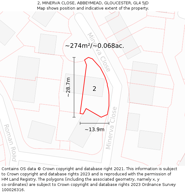 2, MINERVA CLOSE, ABBEYMEAD, GLOUCESTER, GL4 5JD: Plot and title map