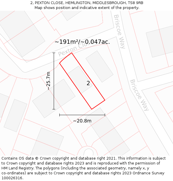 2, PEXTON CLOSE, HEMLINGTON, MIDDLESBROUGH, TS8 9RB: Plot and title map