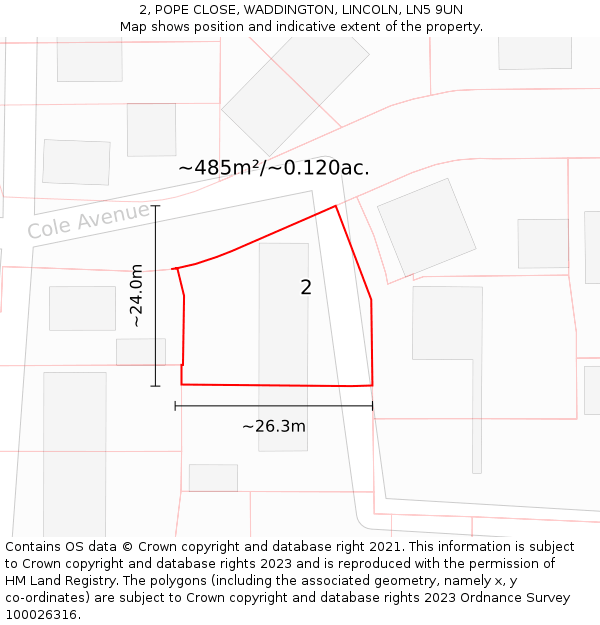 2, POPE CLOSE, WADDINGTON, LINCOLN, LN5 9UN: Plot and title map