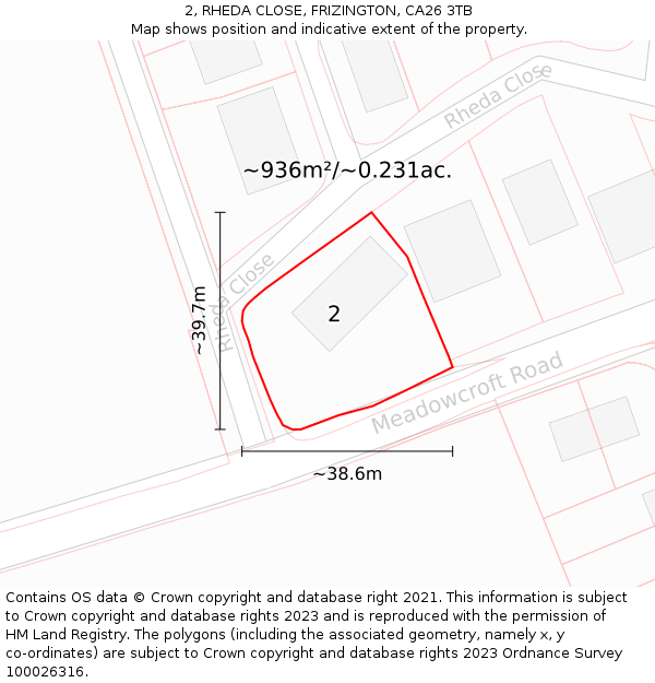 2, RHEDA CLOSE, FRIZINGTON, CA26 3TB: Plot and title map