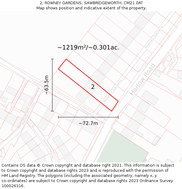 2, ROWNEY GARDENS, SAWBRIDGEWORTH, CM21 0AT: Plot and title map