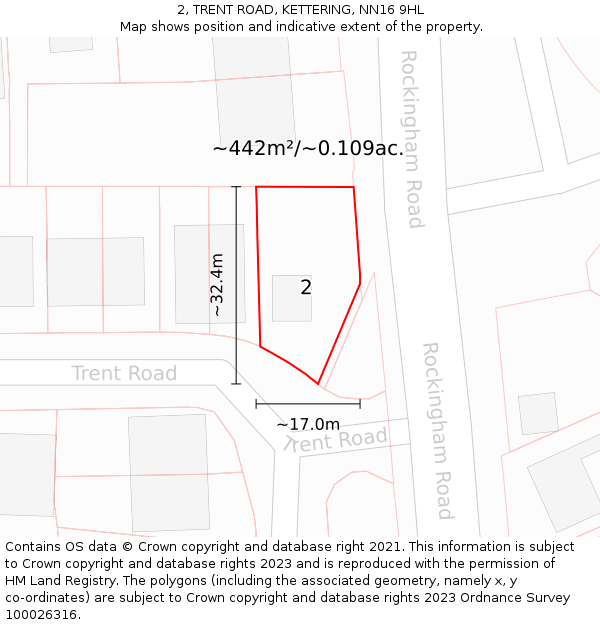 2, TRENT ROAD, KETTERING, NN16 9HL: Plot and title map