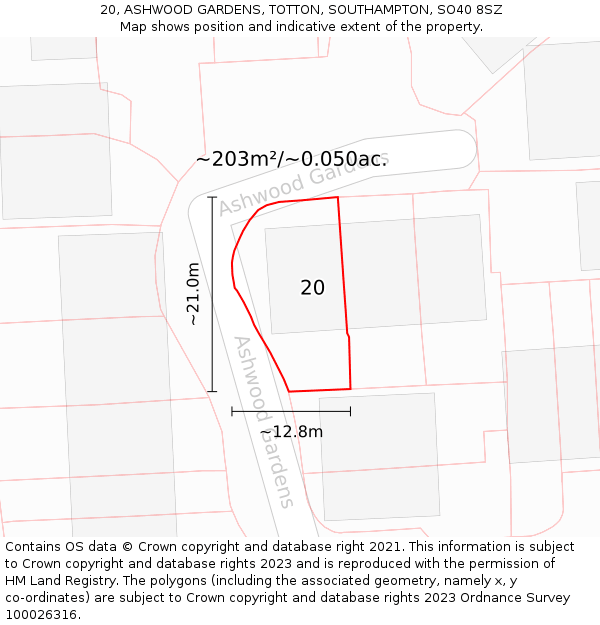 20, ASHWOOD GARDENS, TOTTON, SOUTHAMPTON, SO40 8SZ: Plot and title map