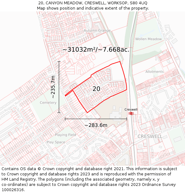 20, CANYON MEADOW, CRESWELL, WORKSOP, S80 4UQ: Plot and title map