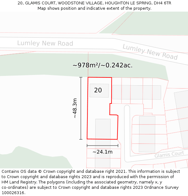 20, GLAMIS COURT, WOODSTONE VILLAGE, HOUGHTON LE SPRING, DH4 6TR: Plot and title map