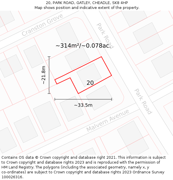 20, PARK ROAD, GATLEY, CHEADLE, SK8 4HP: Plot and title map