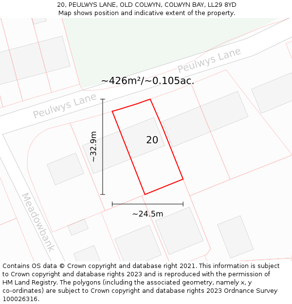 20, PEULWYS LANE, OLD COLWYN, COLWYN BAY, LL29 8YD: Plot and title map