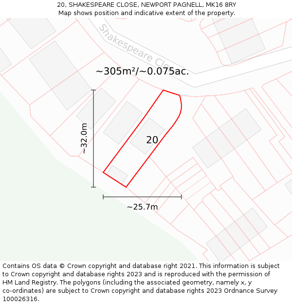 20, SHAKESPEARE CLOSE, NEWPORT PAGNELL, MK16 8RY: Plot and title map