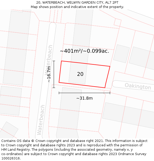 20, WATERBEACH, WELWYN GARDEN CITY, AL7 2PT: Plot and title map