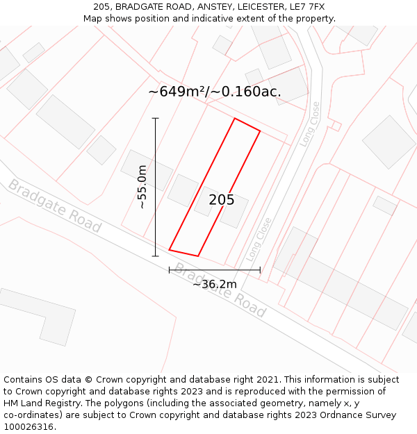 205, BRADGATE ROAD, ANSTEY, LEICESTER, LE7 7FX: Plot and title map