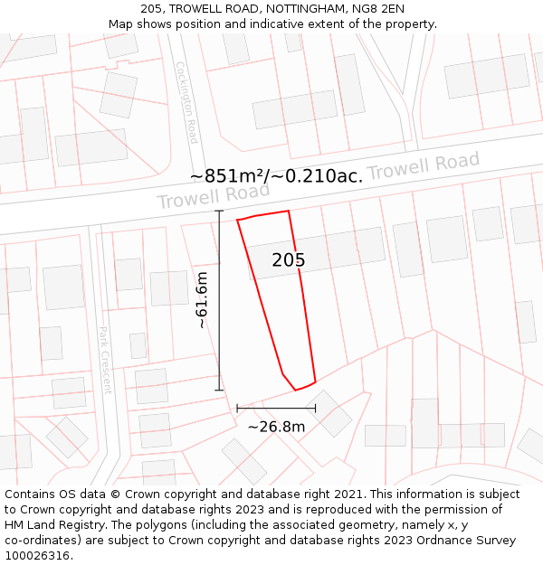 205, TROWELL ROAD, NOTTINGHAM, NG8 2EN: Plot and title map