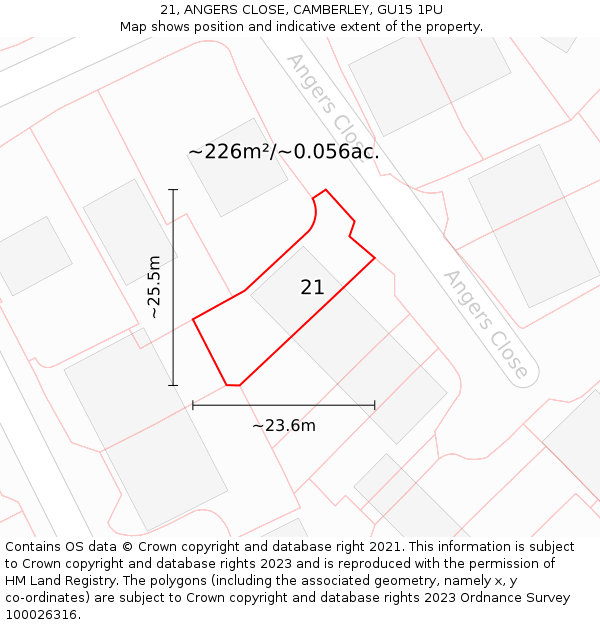 21, ANGERS CLOSE, CAMBERLEY, GU15 1PU: Plot and title map