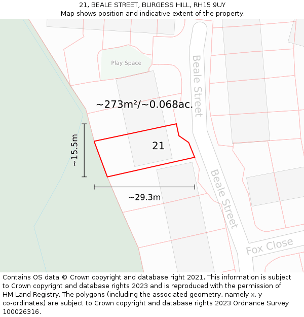 21, BEALE STREET, BURGESS HILL, RH15 9UY: Plot and title map