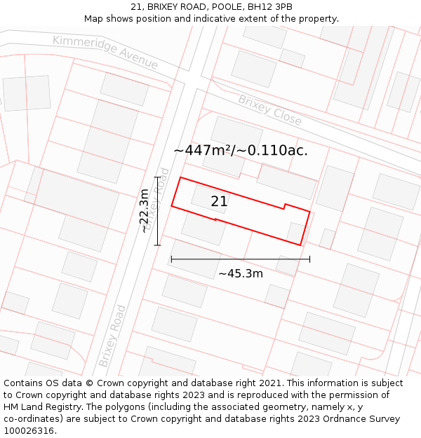 21, BRIXEY ROAD, POOLE, BH12 3PB: Plot and title map