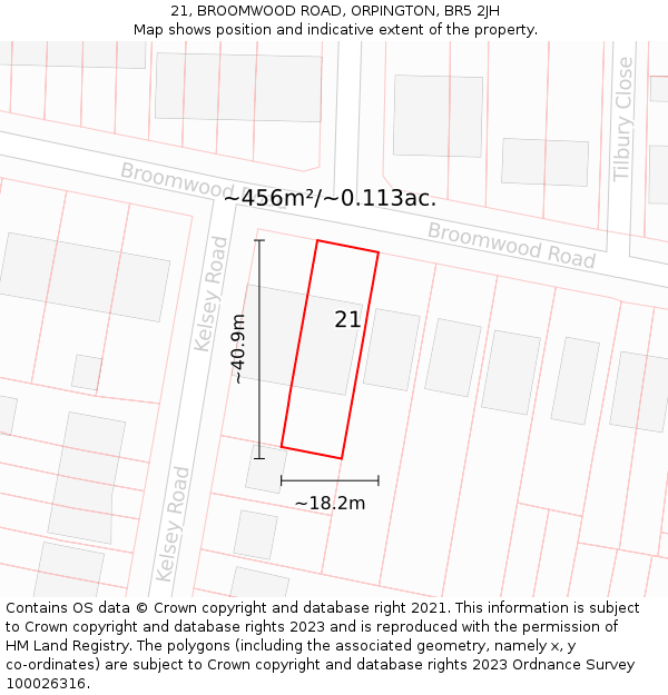 21, BROOMWOOD ROAD, ORPINGTON, BR5 2JH: Plot and title map