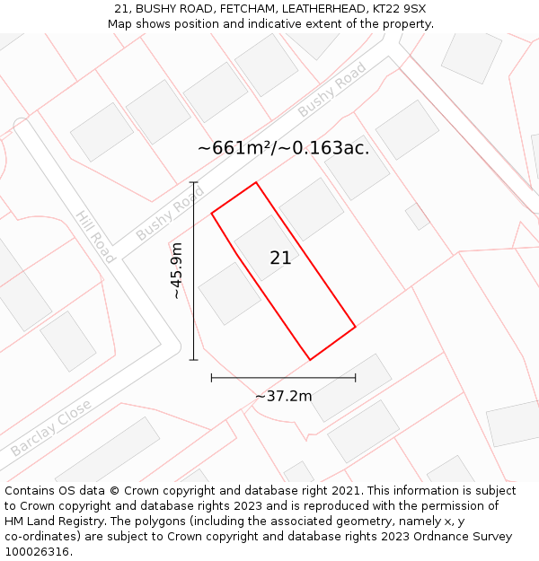 21, BUSHY ROAD, FETCHAM, LEATHERHEAD, KT22 9SX: Plot and title map