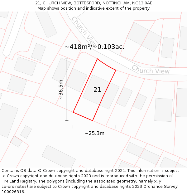 21, CHURCH VIEW, BOTTESFORD, NOTTINGHAM, NG13 0AE: Plot and title map