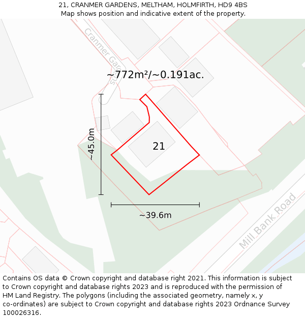 21, CRANMER GARDENS, MELTHAM, HOLMFIRTH, HD9 4BS: Plot and title map