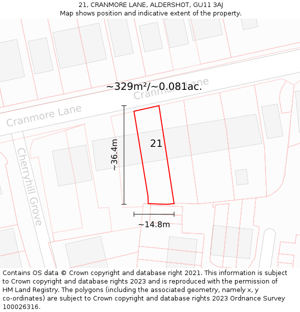 21, CRANMORE LANE, ALDERSHOT, GU11 3AJ: Plot and title map