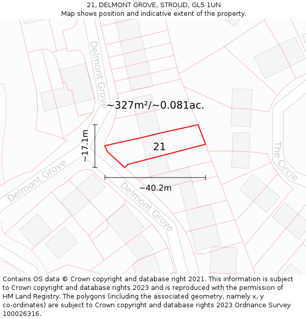 21, DELMONT GROVE, STROUD, GL5 1UN: Plot and title map