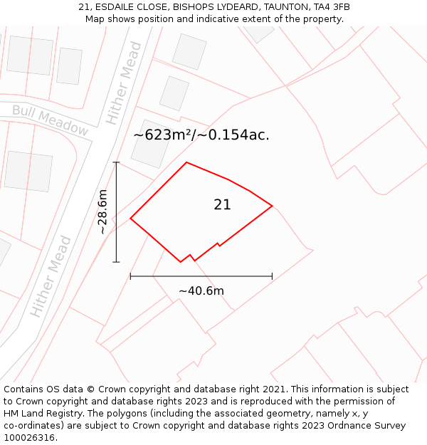 21, ESDAILE CLOSE, BISHOPS LYDEARD, TAUNTON, TA4 3FB: Plot and title map