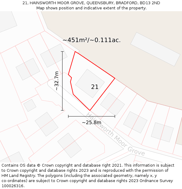 21, HAINSWORTH MOOR GROVE, QUEENSBURY, BRADFORD, BD13 2ND: Plot and title map