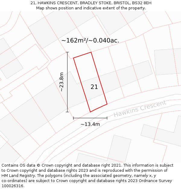 21, HAWKINS CRESCENT, BRADLEY STOKE, BRISTOL, BS32 8EH: Plot and title map