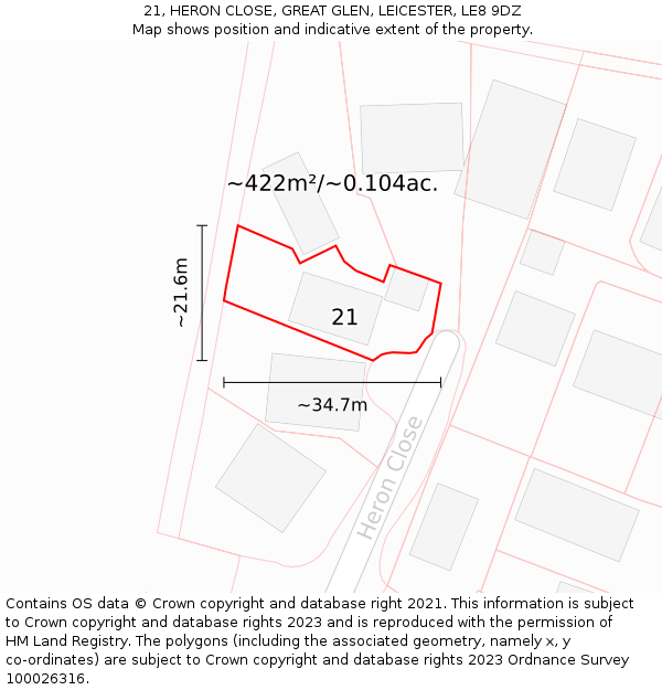 21, HERON CLOSE, GREAT GLEN, LEICESTER, LE8 9DZ: Plot and title map